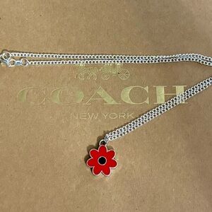 Coach Poppy Red & Black Enamel Flower Pendant .925 Sterling Silver Necklace